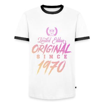 1970 limited edition Original - Men's Ringer Shirt - white/black - Front - AI Model Female 172 light (172cm) & AI Model Male 178 dark (178cm)