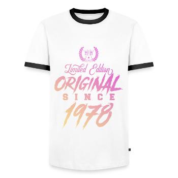 1978 limited edition Original - Men's Ringer Shirt - white/black - Front - AI Model Female 172 light (172cm) & AI Model Male 178 dark (178cm)