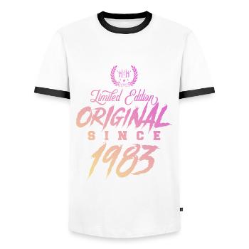 1983 limited edition Original - Men's Ringer Shirt - white/black - Front - AI Model Female 172 light (172cm) & AI Model Male 178 dark (178cm)