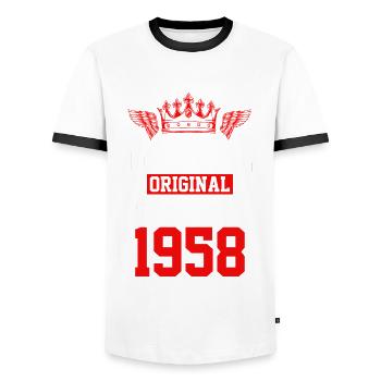 1958 limited edition - Men's Ringer Shirt - white/black - Front - AI Model Female 172 light (172cm) & AI Model Male 178 dark (178cm)
