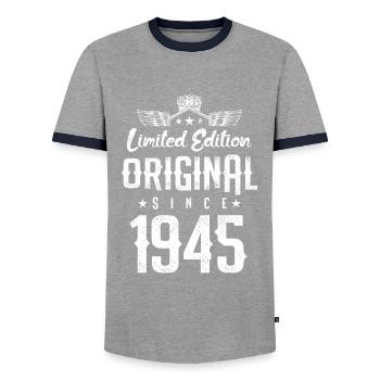 1945 limited edition - Men's Ringer Shirt - grey/navy  - Front - AI Model Female 172 light (172cm) & AI Model Male 178 light (178cm)