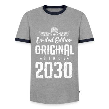 2030 limited edition - Men's Ringer Shirt - grey/navy  - Front - AI Model Female 172 light (172cm) & AI Model Male 178 light (178cm)