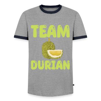 Team Durian - Men's Ringer Shirt - grey/navy  - Front - AI Model Female 172 light (172cm) & AI Model Male 178 light (178cm)