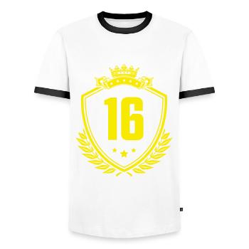 16 Zahl Wappen - Männer Kontrast-T-Shirt - Weiß/Schwarz - Vorne - AI Model Female 172 light (172cm) & AI Model Male 178 dark (178cm)