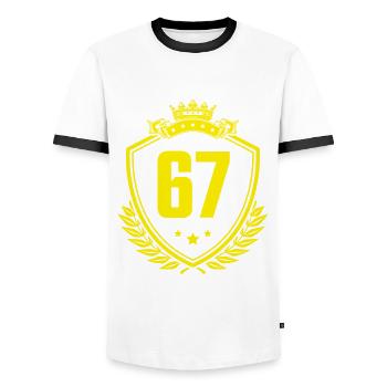 67 Zahl Wappen - Männer Kontrast-T-Shirt - Weiß/Schwarz - Vorne - AI Model Female 172 light (172cm) & AI Model Male 178 dark (178cm)