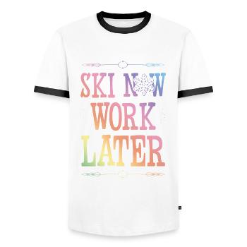 Ski now work later - Men's Ringer Shirt - white/black - Front - AI Model Female 172 light (172cm) & AI Model Male 178 dark (178cm)