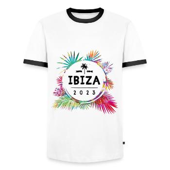 Ibiza 2023 Bunt - Männer Kontrast-T-Shirt - Weiß/Schwarz - Vorne - AI Model Female 172 light (172cm) & AI Model Male 178 dark (178cm)
