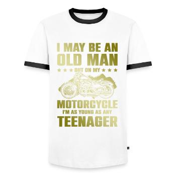Motorrad alter mann - Männer Kontrast-T-Shirt - Weiß/Schwarz - Vorne - AI Model Female 172 light (172cm) & AI Model Male 178 dark (178cm)