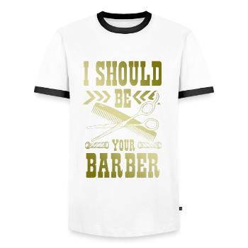 Coiffeur de barbier - T-shirt contrasté Homme - blanc/noir - Devant - AI Model Female 172 light (172cm) & AI Model Male 178 dark (178cm)