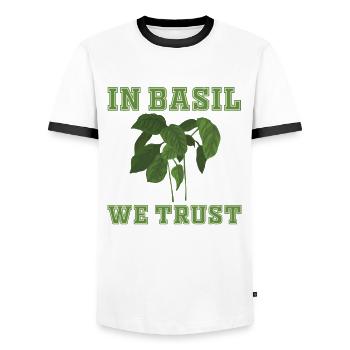 We trust in basil - Men's Ringer Shirt - white/black - Front - AI Model Female 172 light (172cm) & AI Model Male 178 dark (178cm)