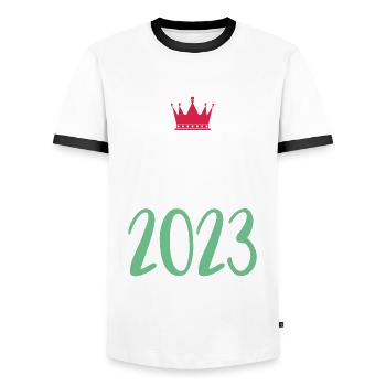 Bali 2023 - Männer Kontrast-T-Shirt - Weiß/Schwarz - Vorne - AI Model Female 172 light (172cm) & AI Model Male 178 dark (178cm)