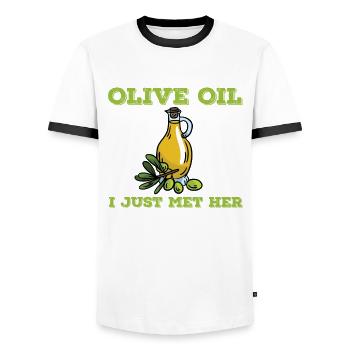 Funny olive oil design - Men's Ringer Shirt - white/black - Front - AI Model Female 172 light (172cm) & AI Model Male 178 dark (178cm)