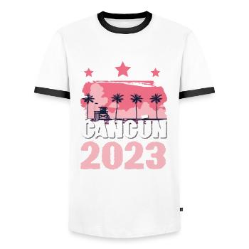 Cancun 2023 - Men's Ringer Shirt - white/black - Front - AI Model Female 172 light (172cm) & AI Model Male 178 dark (178cm)