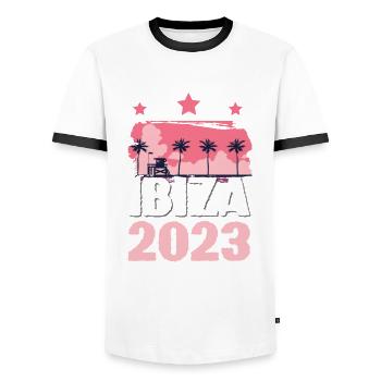 Ibiza 2023 - Männer Kontrast-T-Shirt - Weiß/Schwarz - Vorne - AI Model Female 172 light (172cm) & AI Model Male 178 dark (178cm)
