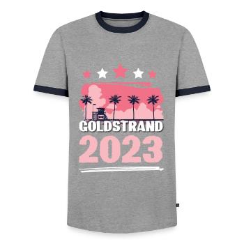 Golden Sands 2023 - Men's Ringer Shirt - grey/navy  - Front - AI Model Female 172 light (172cm) & AI Model Male 178 light (178cm)