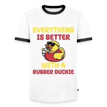 Bathing duck gift - Men's Ringer Shirt - white/black - Front - AI Model Female 172 light (172cm) & AI Model Male 178 dark (178cm)