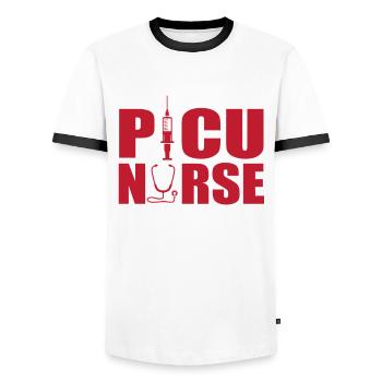 Infirmière en soins intensifs pédiatriques - T-shirt contrasté Homme - blanc/noir - Devant - AI Model Female 172 light (172cm) & AI Model Male 178 dark (178cm)