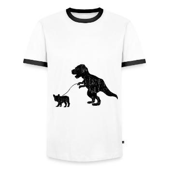 T-Rex and French Buldog go for a walk - Men's Ringer Shirt - white/black - Front - AI Model Female 172 light (172cm) & AI Model Male 178 dark (178cm)