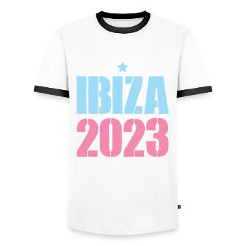 Ibiza 2023 - Männer Kontrast-T-Shirt - Weiß/Schwarz - Vorne - AI Model Female 172 light (172cm) & AI Model Male 178 dark (178cm)