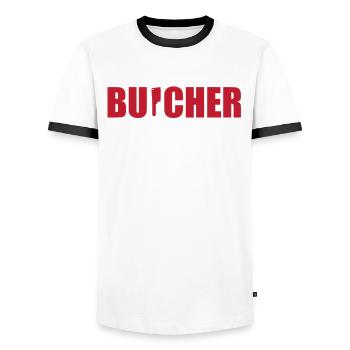 Funny Butcher Dad Cleaver Knife - Men's Ringer Shirt - white/black - Front - AI Model Female 172 light (172cm) & AI Model Male 178 dark (178cm)