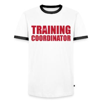 Coordonnatrice de la formation - T-shirt contrasté Homme - blanc/noir - Devant - AI Model Female 172 light (172cm) & AI Model Male 178 dark (178cm)