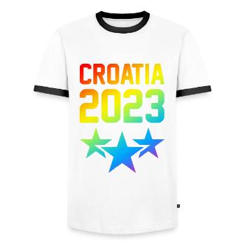 Croatia 2023 - Men's Ringer Shirt - white/black - Front - AI Model Female 172 light (172cm) & AI Model Male 178 dark (178cm)