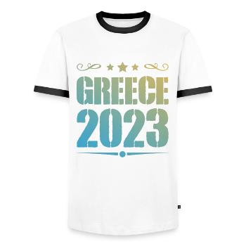 Greece 2023 - Men's Ringer Shirt - white/black - Front - AI Model Female 172 light (172cm) & AI Model Male 178 dark (178cm)