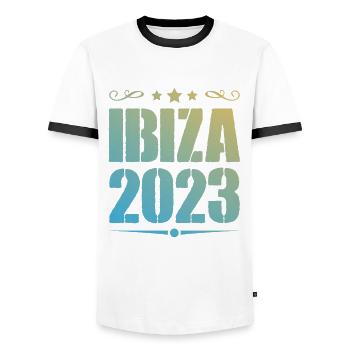 Ibiza 2023 - Männer Kontrast-T-Shirt - Weiß/Schwarz - Vorne - AI Model Female 172 light (172cm) & AI Model Male 178 dark (178cm)