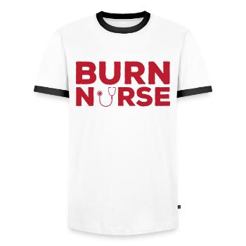 Conception des travailleurs chargés des soins aux brûlés - T-shirt contrasté Homme - blanc/noir - Devant - AI Model Female 172 light (172cm) & AI Model Male 178 dark (178cm)