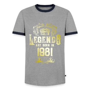 1981 Legends Birthday - Men's Ringer Shirt - grey/navy  - Front - AI Model Female 172 light (172cm) & AI Model Male 178 light (178cm)