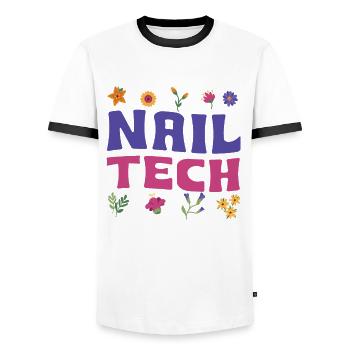Technicienne des ongles Flower Nail Salon - T-shirt contrasté Homme - blanc/noir - Devant - AI Model Female 172 light (172cm) & AI Model Male 178 dark (178cm)