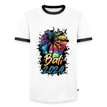 Bali 2024 Palm Trees Multicolored - Men's Ringer Shirt - white/black - Front - AI Model Female 172 light (172cm) & AI Model Male 178 dark (178cm)