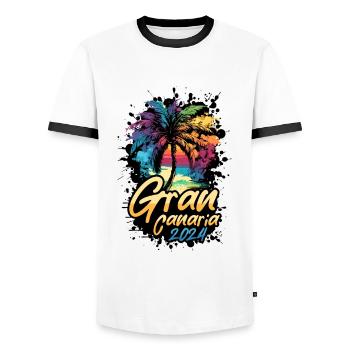 Gran Canaria 2024 Palm Trees Multicolored - Men's Ringer Shirt - white/black - Front - AI Model Female 172 light (172cm) & AI Model Male 178 dark (178cm)