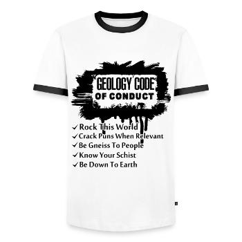 Geologist Geology Code of Conduct Rock This World - Men's Ringer Shirt - white/black - Front - AI Model Female 172 light (172cm) & AI Model Male 178 dark (178cm)