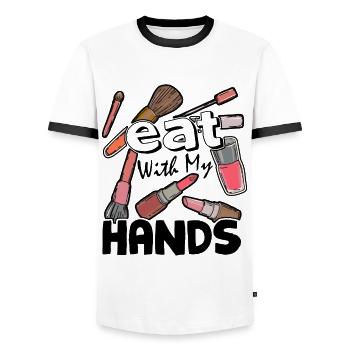 I Eat With My Hands Makeup Artist - Men's Ringer Shirt - white/black - Front - AI Model Female 172 light (172cm) & AI Model Male 178 dark (178cm)