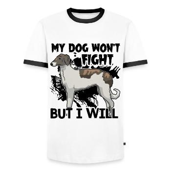My Borzoi Dog Wont Fight But I Will - Men's Ringer Shirt - white/black - Front - AI Model Female 172 light (172cm) & AI Model Male 178 dark (178cm)
