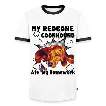 Redbone Coonhound Ate My Homework - Men's Ringer Shirt - white/black - Front - AI Model Female 172 light (172cm) & AI Model Male 178 dark (178cm)
