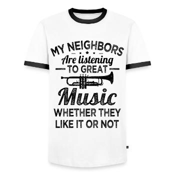 Les voisins de la trompette écoutent de la bonne musique Les trompettistes - T-shirt contrasté Homme - blanc/noir - Devant - AI Model Female 172 light (172cm) & AI Model Male 178 dark (178cm)