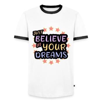 Believe in your dreams, dare to dream, live your dream - Men's Ringer Shirt - white/black - Front - AI Model Female 172 light (172cm) & AI Model Male 178 dark (178cm)