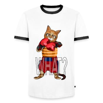 What? Boxing cat with boxer gloves - Men's Ringer Shirt - white/black - Front - AI Model Female 172 light (172cm) & AI Model Male 178 dark (178cm)