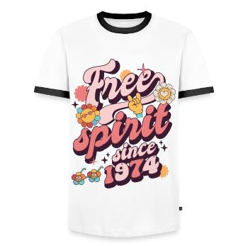 1974 Jahrgang Geburtstag Jahrgang 1974 - Männer Kontrast-T-Shirt - Weiß/Schwarz - Vorne - AI Model Female 172 light (172cm) & AI Model Male 178 dark (178cm)