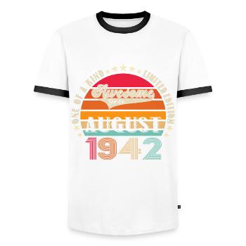 Awesome since August 1942 80th Birthday Gift - Men's Ringer Shirt - white/black - Front - AI Model Female 172 light (172cm) & AI Model Male 178 dark (178cm)