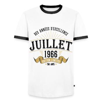 56 Ans Anniversaire Vintage Né(e) en Juillet 1966 - T-shirt contrasté Homme - blanc/noir - Devant - AI Model Female 172 light (172cm) & AI Model Male 178 dark (178cm)