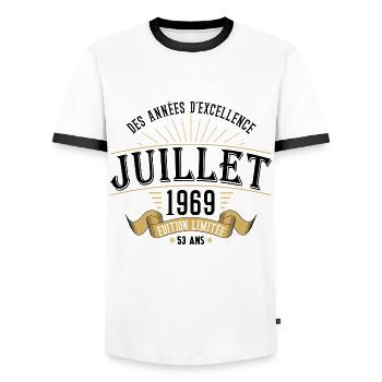 53 Ans Anniversaire Vintage Né(e) en Juillet 1969 - T-shirt contrasté Homme - blanc/noir - Devant - AI Model Female 172 light (172cm) & AI Model Male 178 dark (178cm)