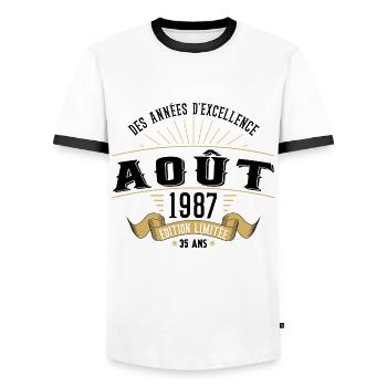 35 Ans Anniversaire Vintage Né(e) en Août 1987 - T-shirt contrasté Homme - blanc/noir - Devant - AI Model Female 172 light (172cm) & AI Model Male 178 dark (178cm)