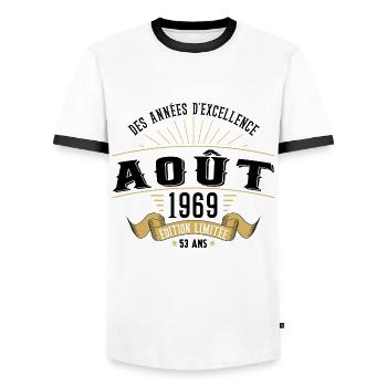 53 Ans Anniversaire Vintage Né(e) en Août 1969 - T-shirt contrasté Homme - blanc/noir - Devant - AI Model Female 172 light (172cm) & AI Model Male 178 dark (178cm)