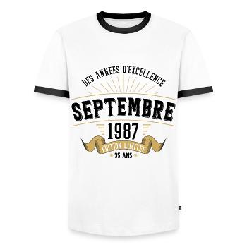 35 Ans Anniversaire Vintage Né(e) Septembre 1987 - T-shirt contrasté Homme - blanc/noir - Devant - AI Model Female 172 light (172cm) & AI Model Male 178 dark (178cm)