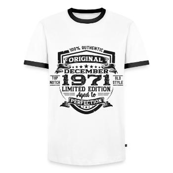 Original December 1971 51st Birthday Gift - Men's Ringer Shirt - white/black - Front - AI Model Female 172 light (172cm) & AI Model Male 178 dark (178cm)