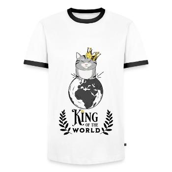 King of the World: Cat Mounted on Globe - Men's Ringer Shirt - white/black - Front - AI Model Female 172 light (172cm) & AI Model Male 178 dark (178cm)
