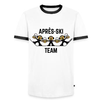 Trio d’équipe après-ski (bière / caricature / 3C) - T-shirt contrasté Homme - blanc/noir - Devant - AI Model Female 172 light (172cm) & AI Model Male 178 dark (178cm)
